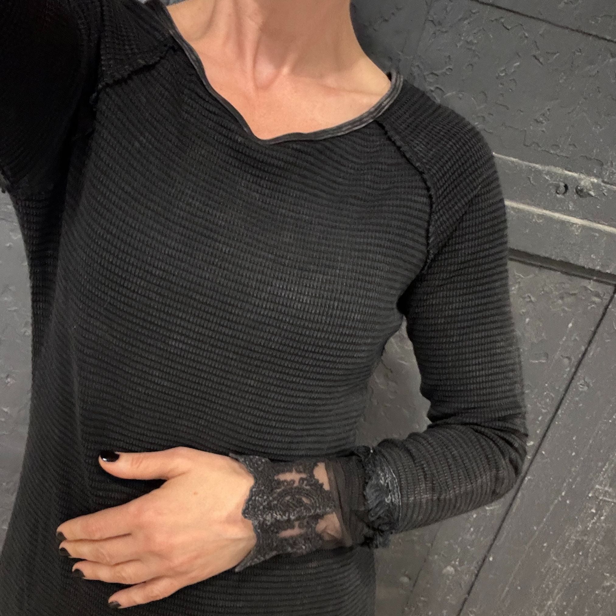 Ultimate '90s Princess Grunge Waffle Dress in Black with Lace Mesh Sleeve Detail | Y2K Mall Goth Long Sleeve Fall Winter Dress [SM - XL] Dress La Vie Bien Ultimate '90s Princess Grunge Waffle Dress in Black with Lace Mesh Sleeve Detail | Y2K Mall Goth Long Sleeve Fall Winter Dress [SM - XL]