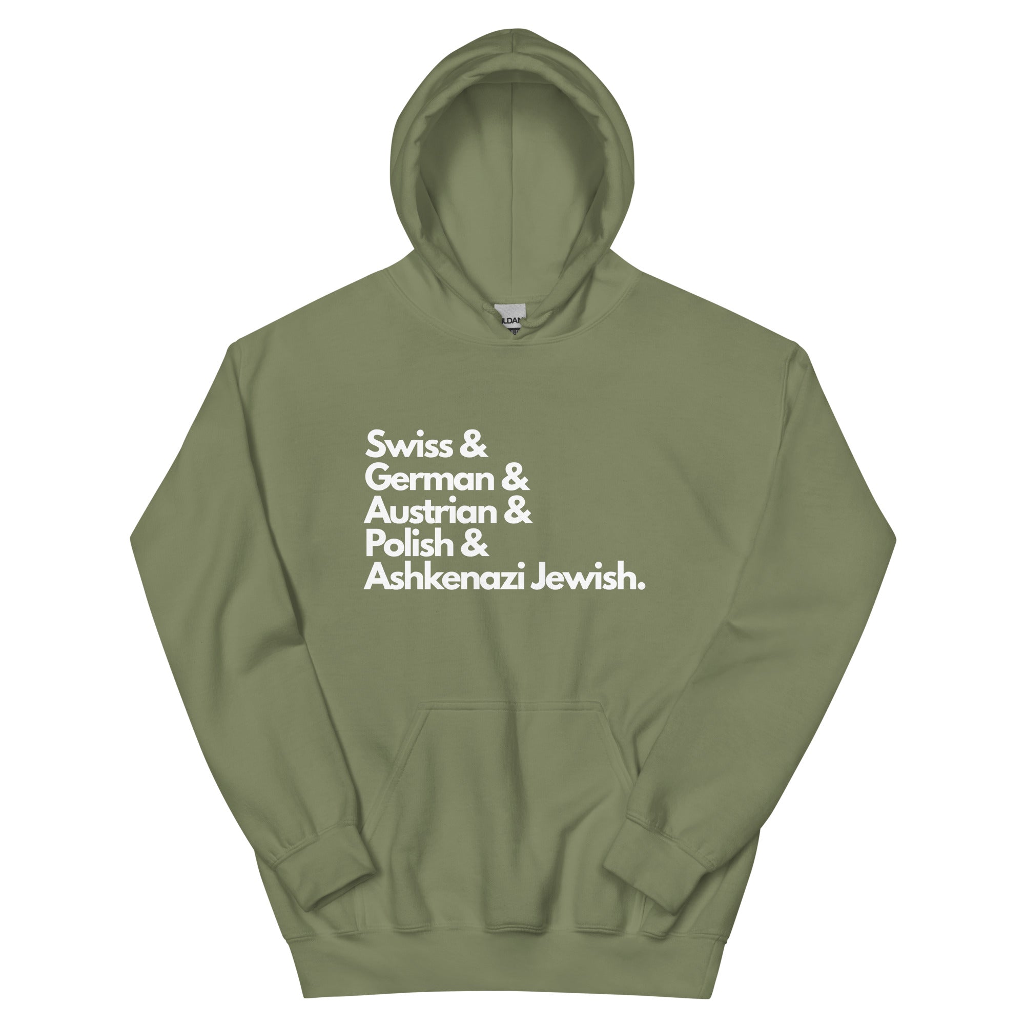 Military green hoodie featuring white text listing ancestries: "Swiss & German & Austrian & Polish & Ashkenazi Jewish" in stacked typography