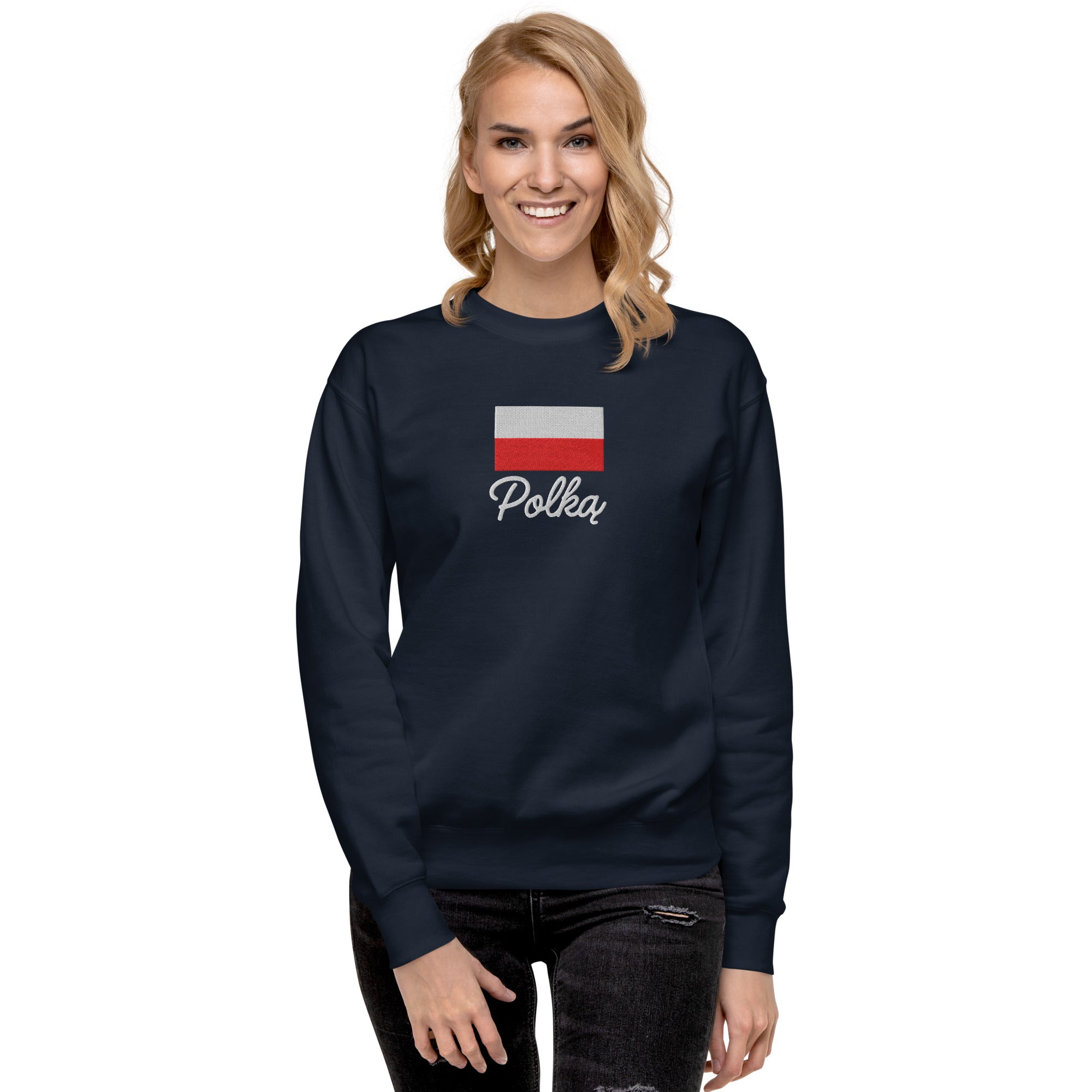 Navy Blue crew neck sweatshirt modeled on person, featuring embroidered Polish flag in white and red colors above white embroidered text "Polka" in script font