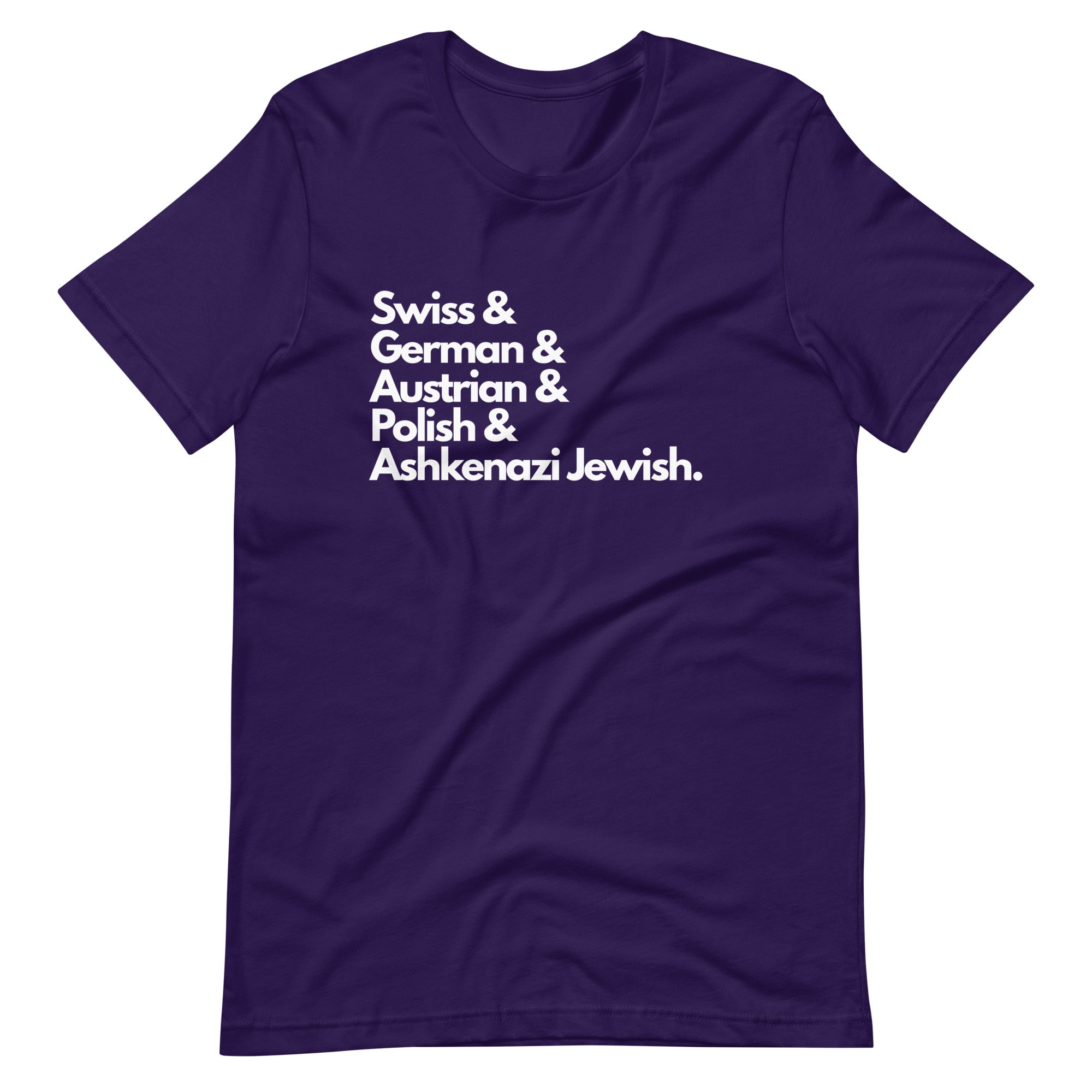 Dark purple t-shirt featuring white text listing ancestries: "Swiss & German & Austrian & Polish & Ashkenazi Jewish" in stacked typography