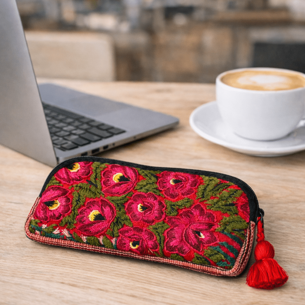 Up - cycled Half Moon Huipil Cosmetic Padded Bag with Tassel - Guatemala Bags La Vie Bien Up - cycled Half Moon Huipil Cosmetic Padded Bag with Tassel - Guatemala