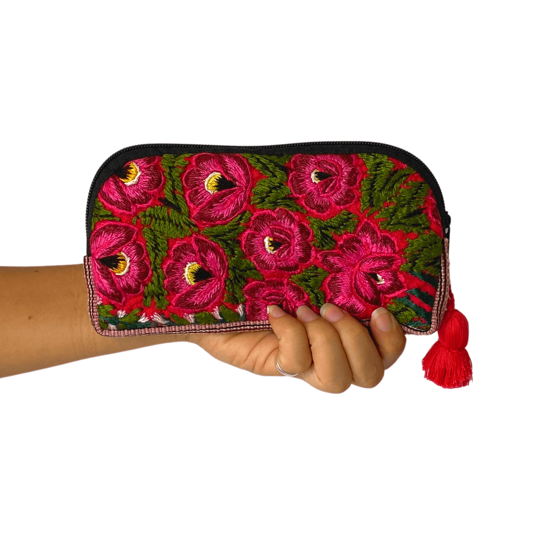 Up - cycled Half Moon Huipil Cosmetic Padded Bag with Tassel - Guatemala Bags La Vie Bien Up - cycled Half Moon Huipil Cosmetic Padded Bag with Tassel - Guatemala
