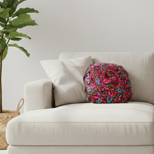 Up - cycled Moon Floral Huipil One - of - a - Kind Round Boho Pillow Cover - Guatemala Decor La Vie Bien Up - cycled Moon Floral Huipil One - of - a - Kind Round Boho Pillow Cover - Guatemala