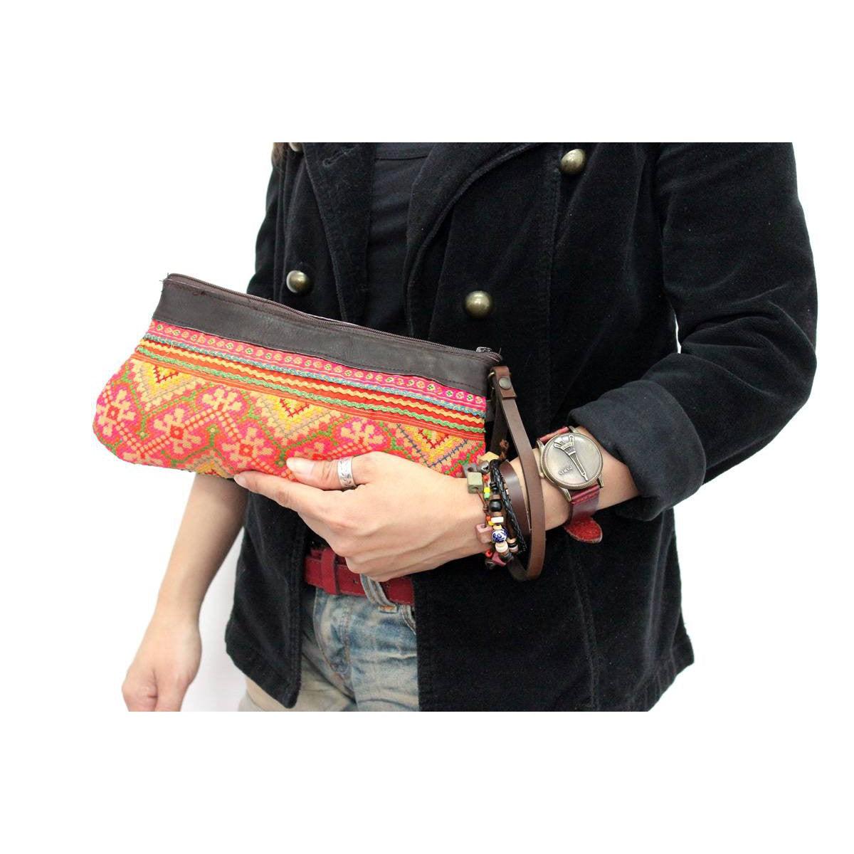 Upcycled Hmong Leather Cuff Wristlet - Thailand Bags La Vie Bien Upcycled Hmong Leather Cuff Wristlet - Thailand
