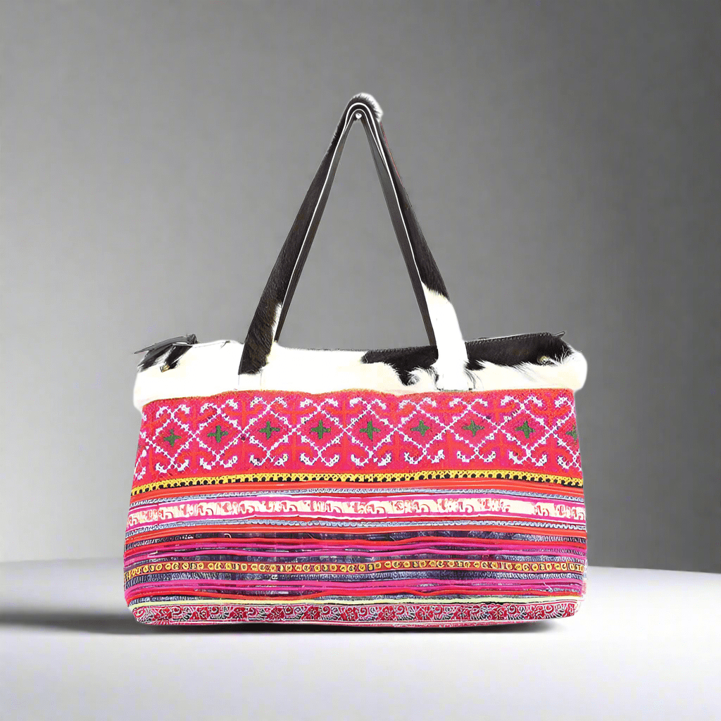Upcycled Hmong Textile Cowhide One - of - a - kind Leather Tote Purse - Thailand Bags La Vie Bien Upcycled Hmong Textile Cowhide One - of - a - kind Leather Tote Purse - Thailand