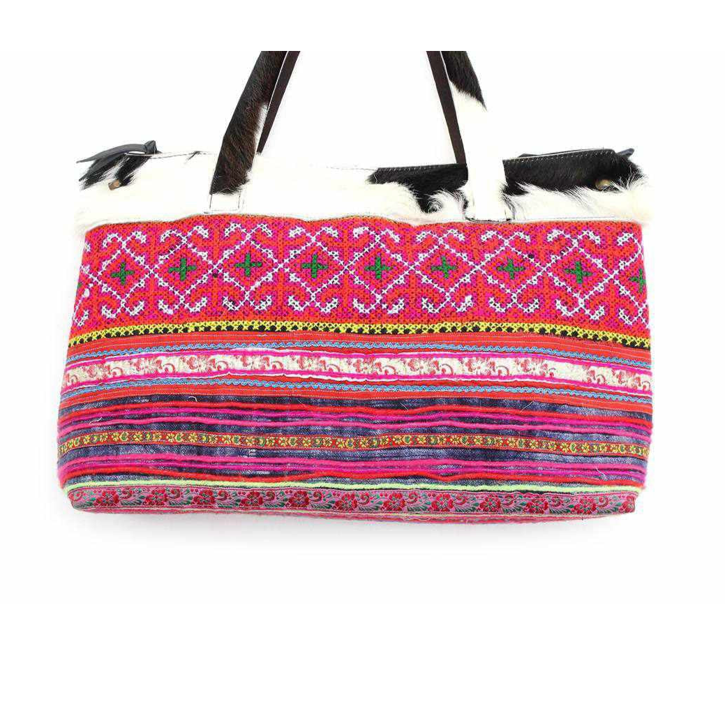Upcycled Hmong Textile Cowhide One - of - a - kind Leather Tote Purse - Thailand Bags La Vie Bien Upcycled Hmong Textile Cowhide One - of - a - kind Leather Tote Purse - Thailand