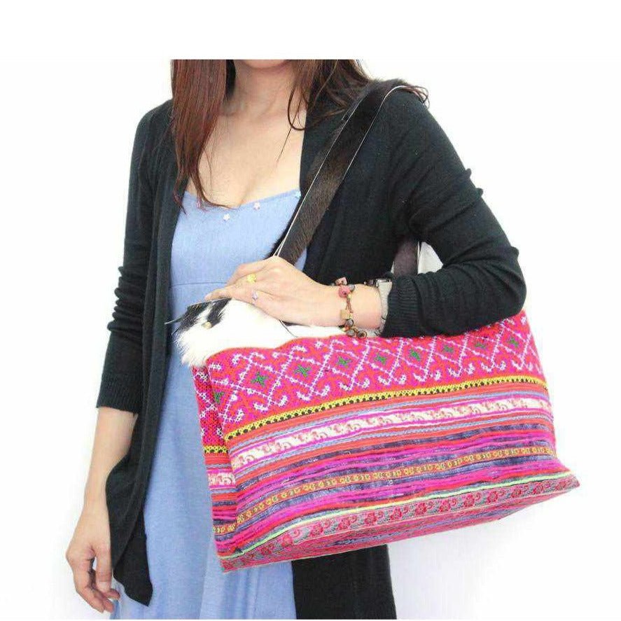 Upcycled Hmong Textile Cowhide One - of - a - kind Leather Tote Purse - Thailand Bags La Vie Bien Upcycled Hmong Textile Cowhide One - of - a - kind Leather Tote Purse - Thailand