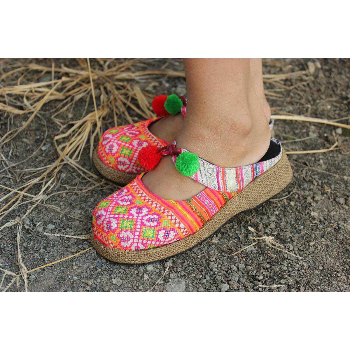 Upcycled Hmong Textile Fabric Clog Shoes - Thailand Apparel La Vie Bien Upcycled Hmong Textile Fabric Clog Shoes - Thailand