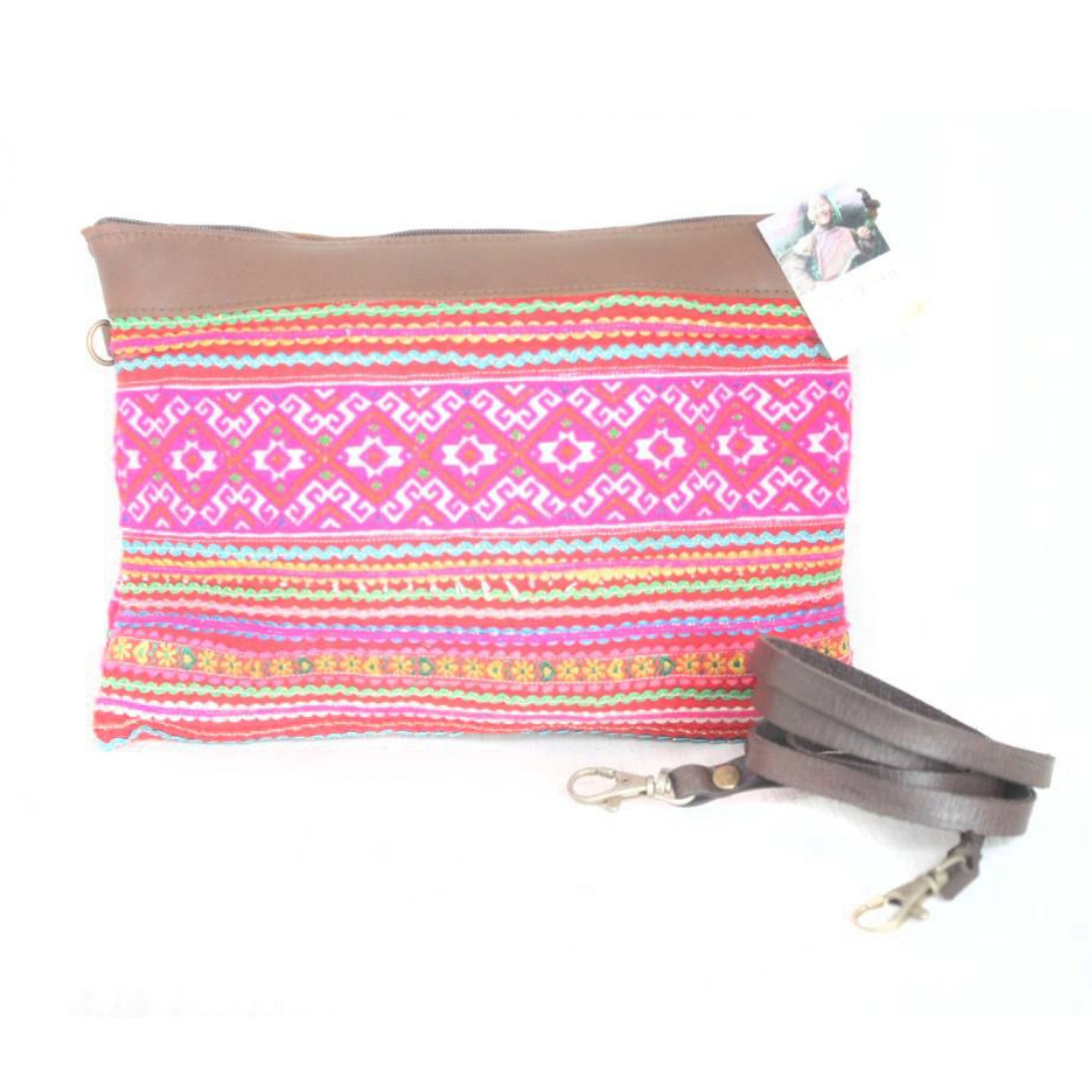 Upcycled Hmong Traditional Fabric Leather Crossbody - Thailand Bags La Vie Bien Upcycled Hmong Traditional Fabric Leather Crossbody - Thailand