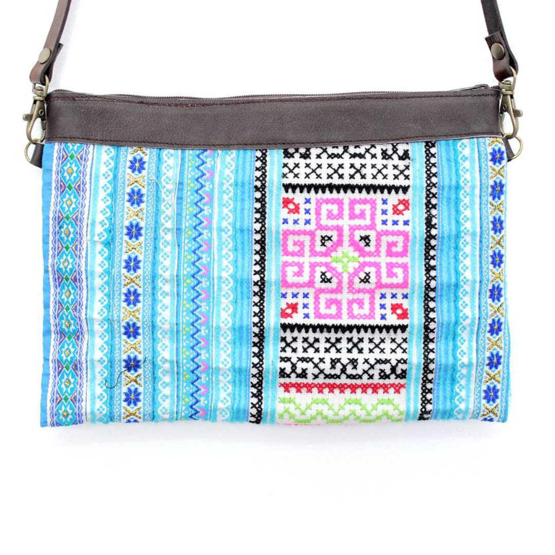 Upcycled Hmong Traditional Fabric Leather Crossbody - Thailand Bags La Vie Bien Upcycled Hmong Traditional Fabric Leather Crossbody - Thailand