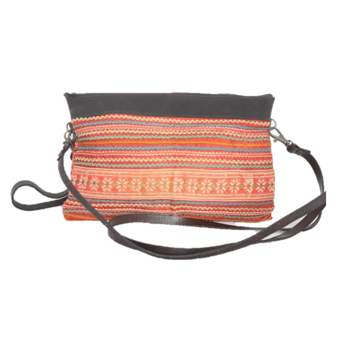 Upcycled Hmong Traditional Fabric Leather Crossbody - Thailand Bags La Vie Bien Upcycled Hmong Traditional Fabric Leather Crossbody - Thailand