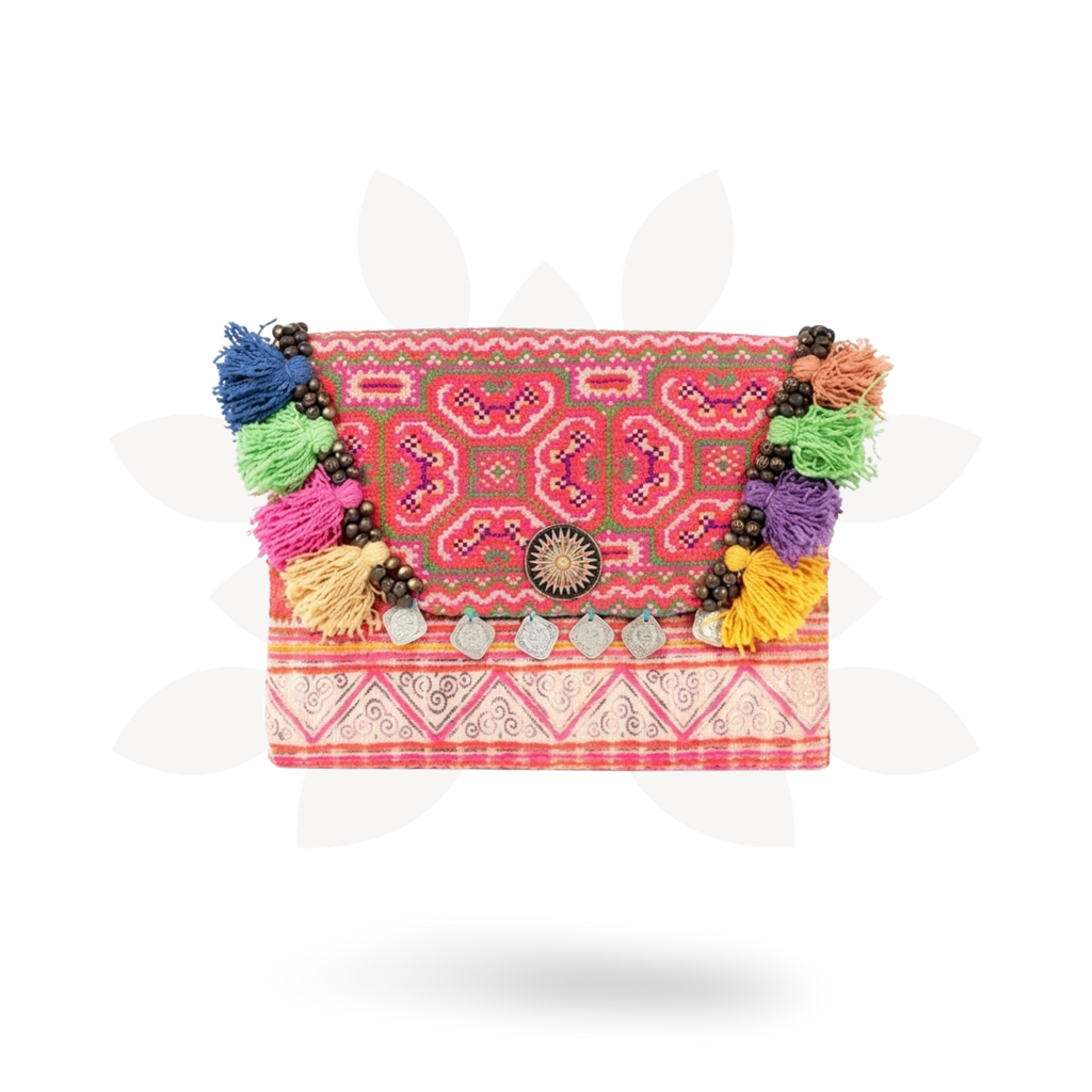 Upcycled Hmong Vintage Fabric Clutch with Tassels & Bells - Thailand Bags La Vie Bien Upcycled Hmong Vintage Fabric Clutch with Tassels & Bells - Thailand