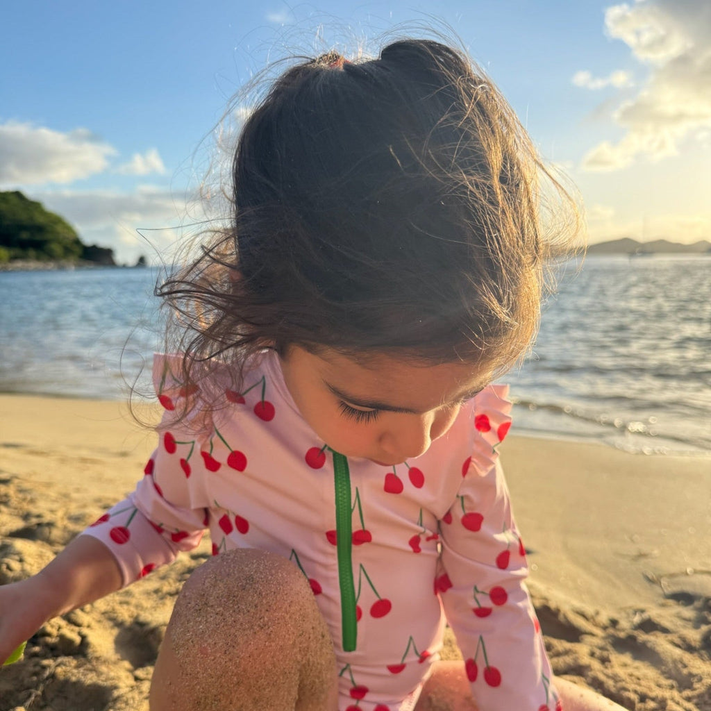 UPF 50+ Recycled Polyester Cherry Kid Zipped Rashguard Onepiece Swimsuit La Vie Bien UPF 50+ Recycled Polyester Cherry Kid Zipped Rashguard Onepiece