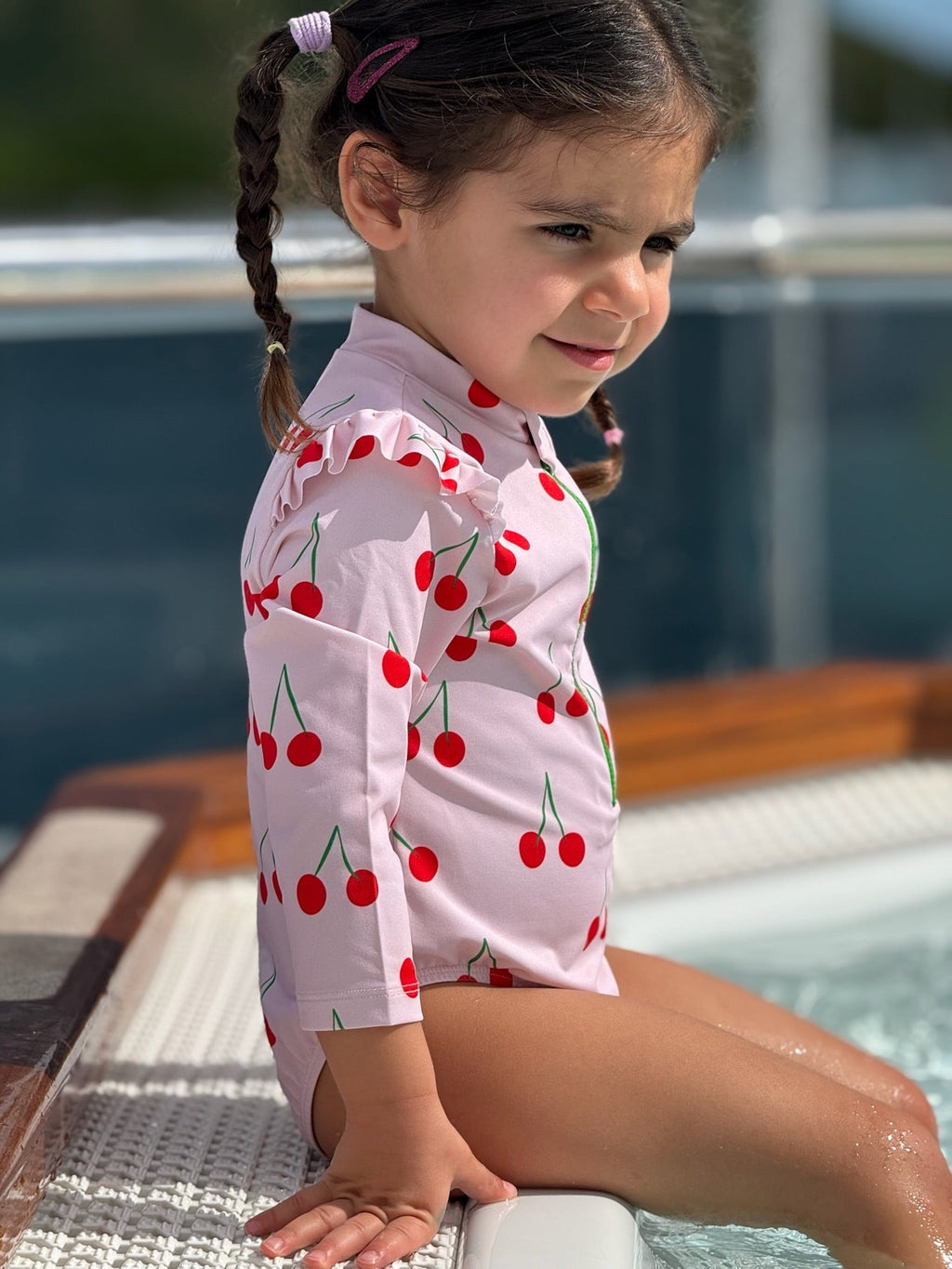 UPF 50+ Recycled Polyester Cherry Kid Zipped Rashguard Onepiece Swimsuit La Vie Bien UPF 50+ Recycled Polyester Cherry Kid Zipped Rashguard Onepiece