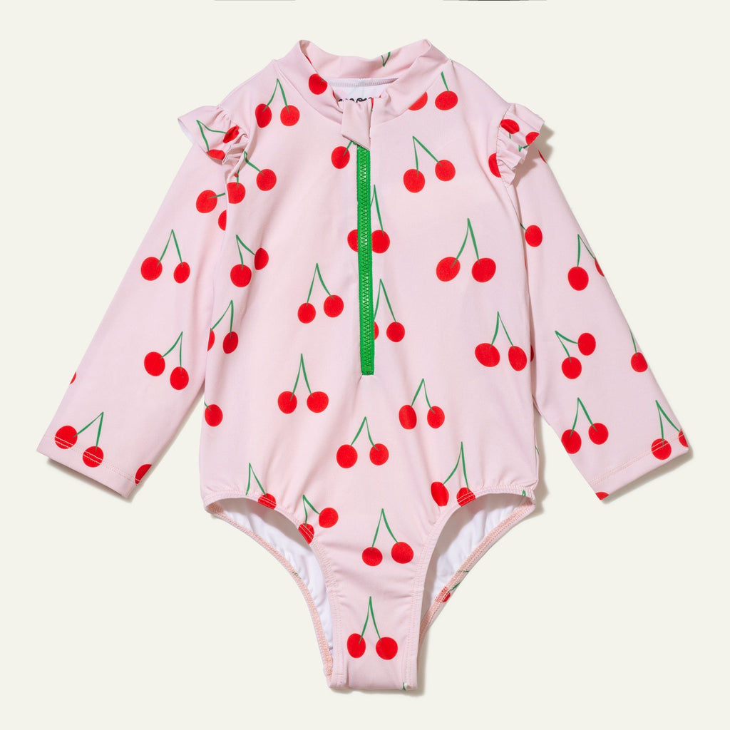 UPF 50+ Recycled Polyester Cherry Kid Zipped Rashguard Onepiece Swimsuit La Vie Bien UPF 50+ Recycled Polyester Cherry Kid Zipped Rashguard Onepiece