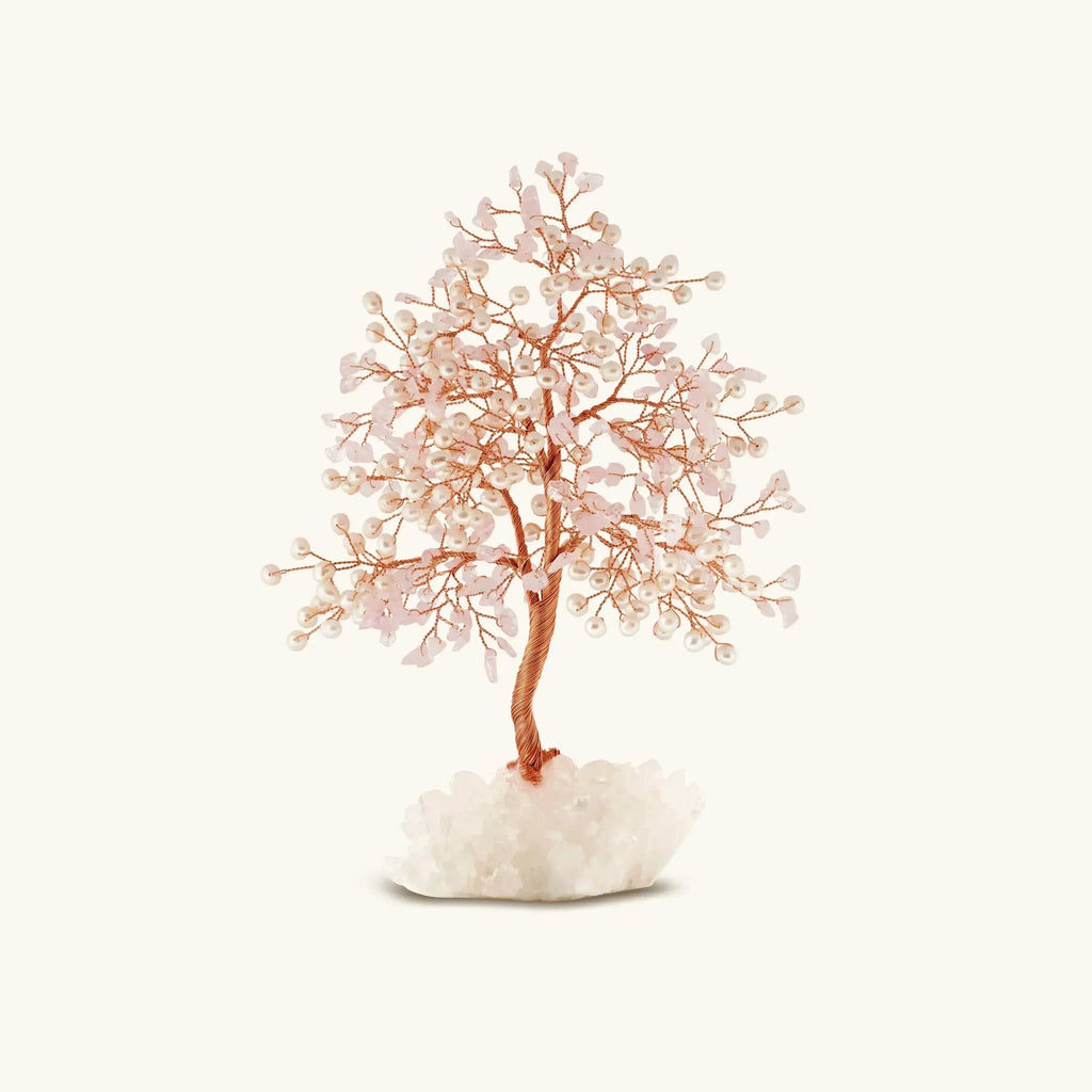 Uplifting Endearment Rose Quartz & Pearl Feng Shui Tree on White Quartz by Karma and Luck