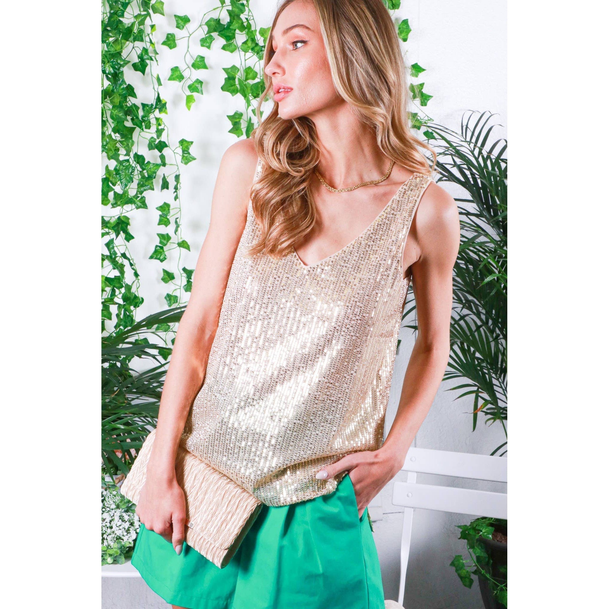 V - Neck Cut Back Sleeveless Sequin Tank Top [Available in Sizes SM - L]