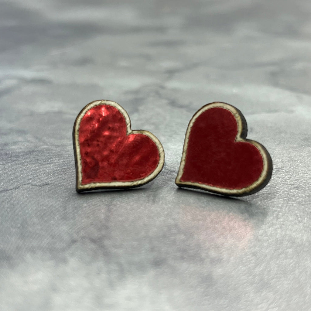 Valentine Red Heart Earrings, Wood Stud Earrings