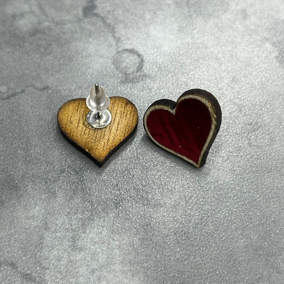 Valentine Red Heart Earrings, Wood Stud Earrings