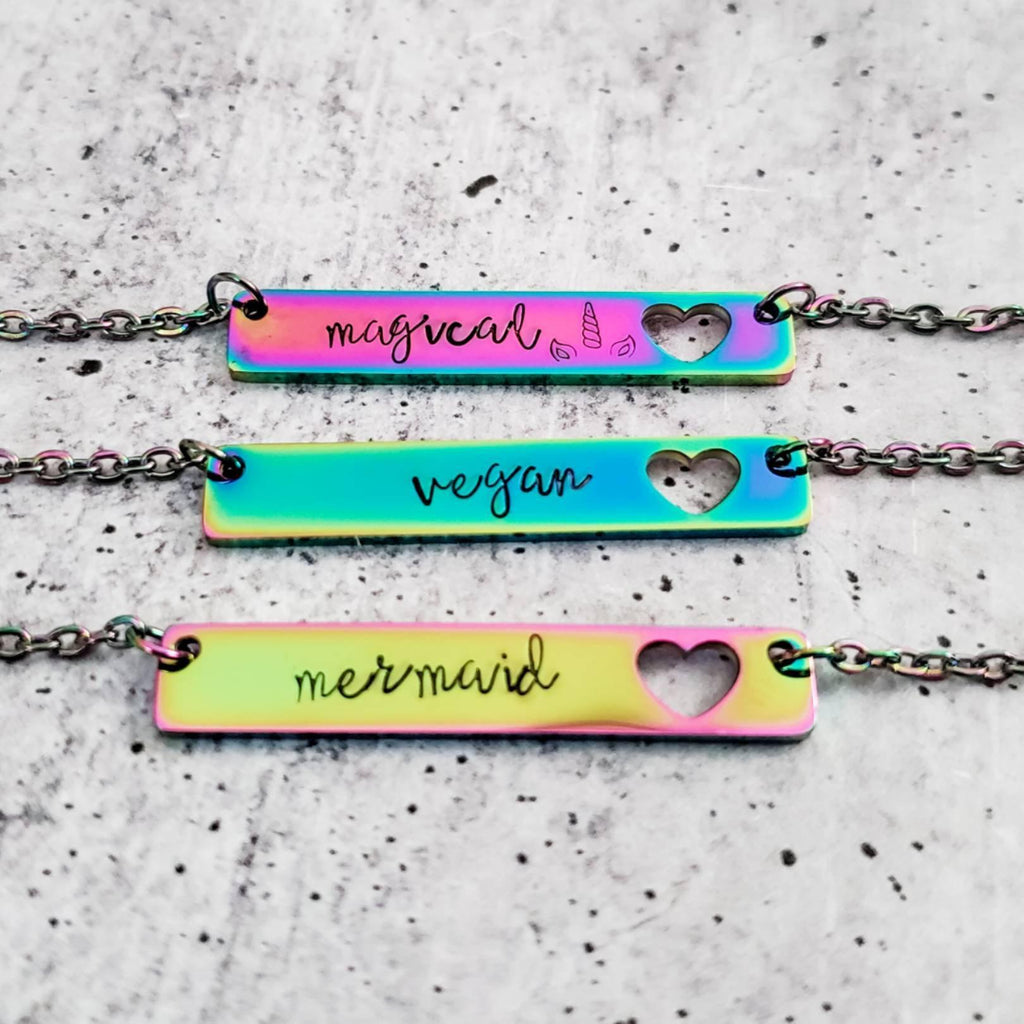 VEGAN Rainbow Bar Necklace Stamped Necklaces La Vie Bien VEGAN Rainbow Bar Necklace
