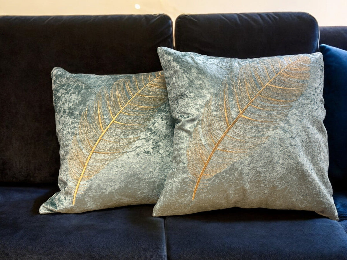 Velvet Cushion or Pillow Cover with Golden Feather Embroidery, Set of 2 Cushion Cover La Vie Bien Velvet Cushion or Pillow Cover with Golden Feather Embroidery, Set of 2