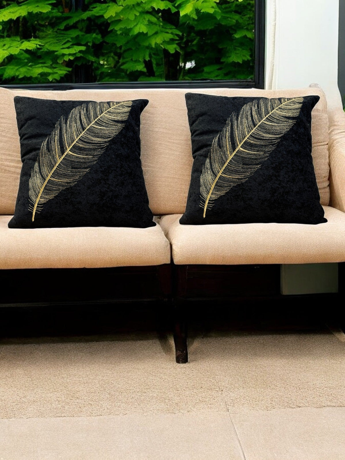Velvet Cushion or Pillow Cover with Golden Feather Embroidery, Set of 2 Cushion Cover La Vie Bien Velvet Cushion or Pillow Cover with Golden Feather Embroidery, Set of 2