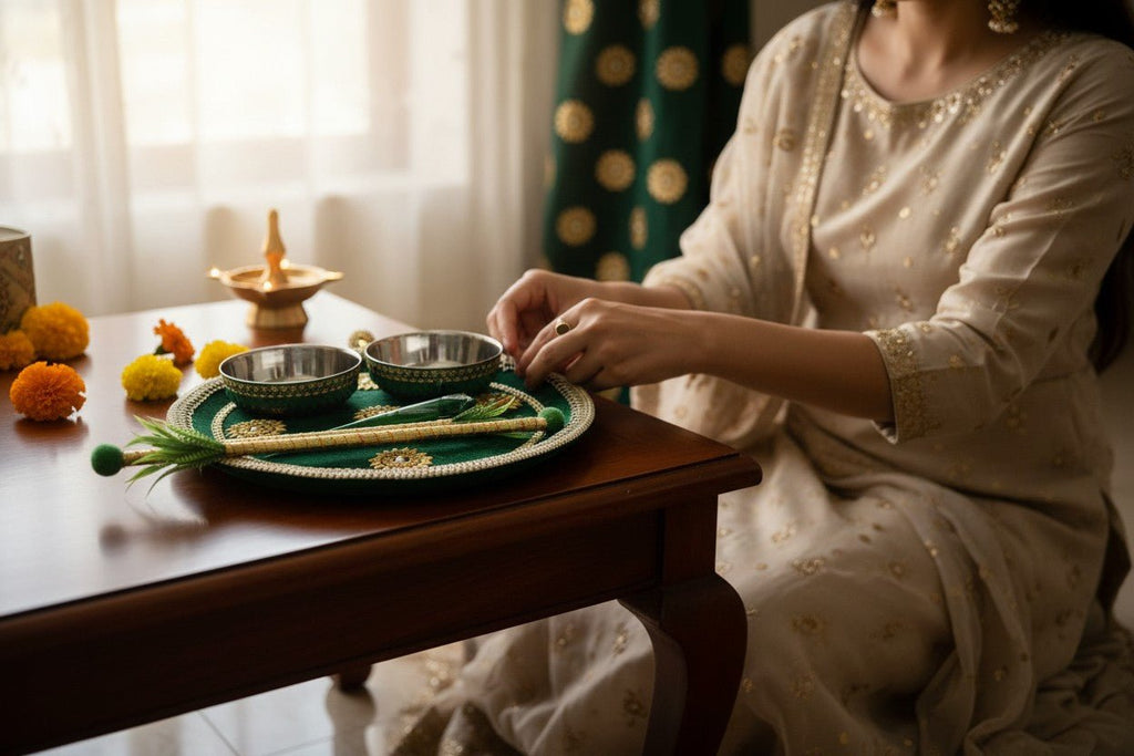 Velvet Embroidered Thali or Platter or Tray Mandir items La Vie Bien Velvet Embroidered Thali or Platter or Tray