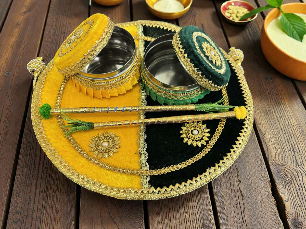 Velvet Embroidered Thali or Platter or Tray Mandir items La Vie Bien Velvet Embroidered Thali or Platter or Tray