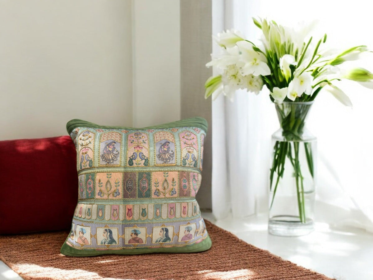 Velvet & Silk Mixed Cushion or Pillow Cover with Raja Rani Thread Work, Set of 1 Cushion Cover La Vie Bien Velvet & Silk Mixed Cushion or Pillow Cover with Raja Rani Thread Work, Set of 1