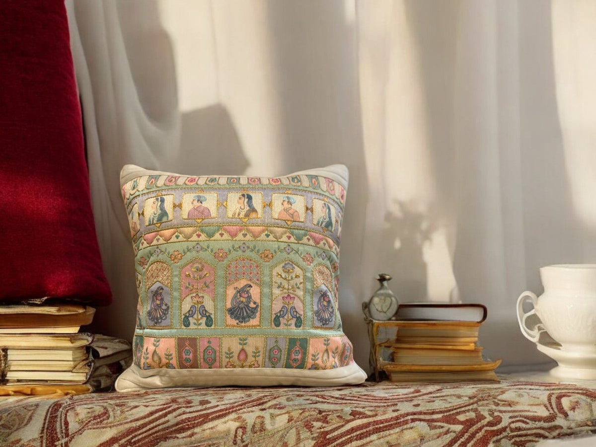Velvet & Silk Mixed Cushion or Pillow Cover with Raja Rani Thread Work, Set of 1 Cushion Cover La Vie Bien Velvet & Silk Mixed Cushion or Pillow Cover with Raja Rani Thread Work, Set of 1