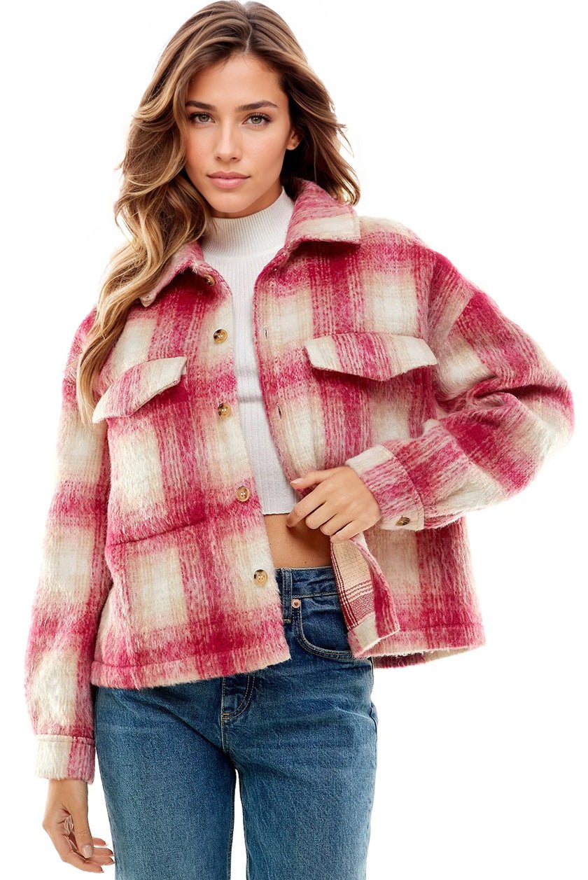 Vibrant Aura Pink Plaid Pocket Shacket Clothing La Vie Bien Vibrant Aura Pink Plaid Pocket Shacket