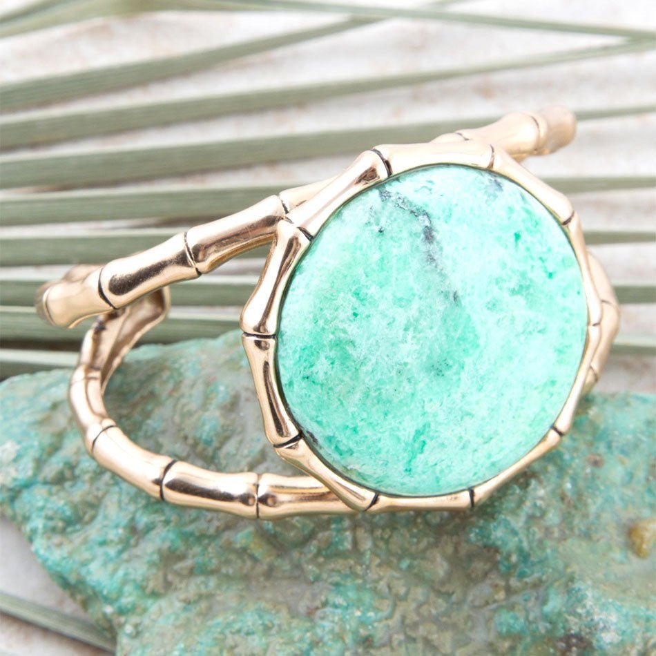 Vibrant Green Chrysoprase Golden Bamboo Statement Cuff Bracelet Bracelets La Vie Bien Vibrant Green Chrysoprase Golden Bamboo Statement Cuff Bracelet