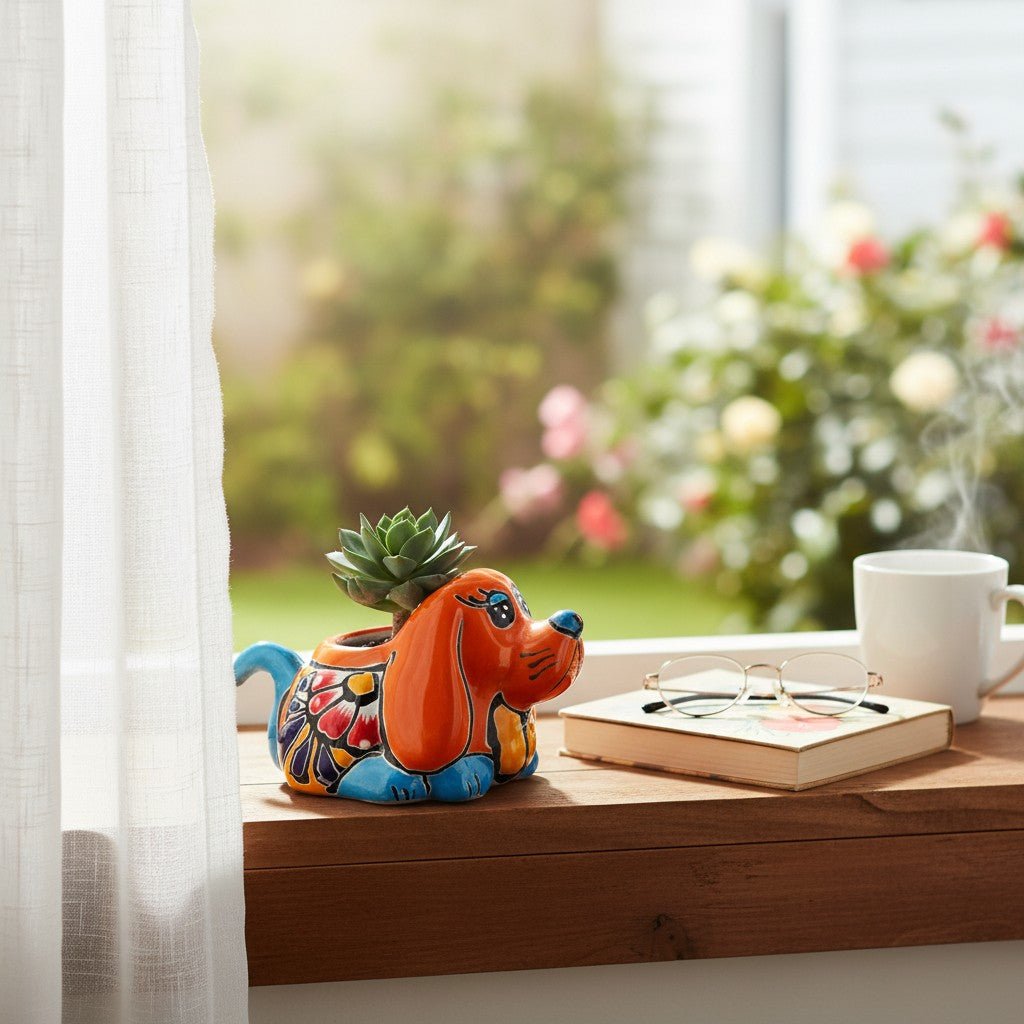 Vibrant Hand - Painted Talavera Dog Planter | Small Mexican Animal Pottery Talavera Planter La Vie Bien Vibrant Hand - Painted Talavera Dog Planter | Small Mexican Animal Pottery