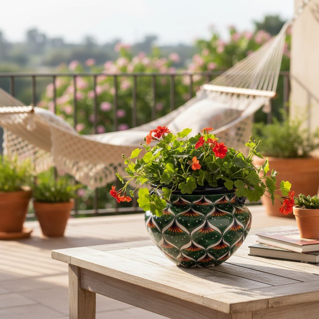 Vibrant Talavera Flower Pot | Green Peacock Design Talavera Flower Pot La Vie Bien Vibrant Talavera Flower Pot | Green Peacock Design