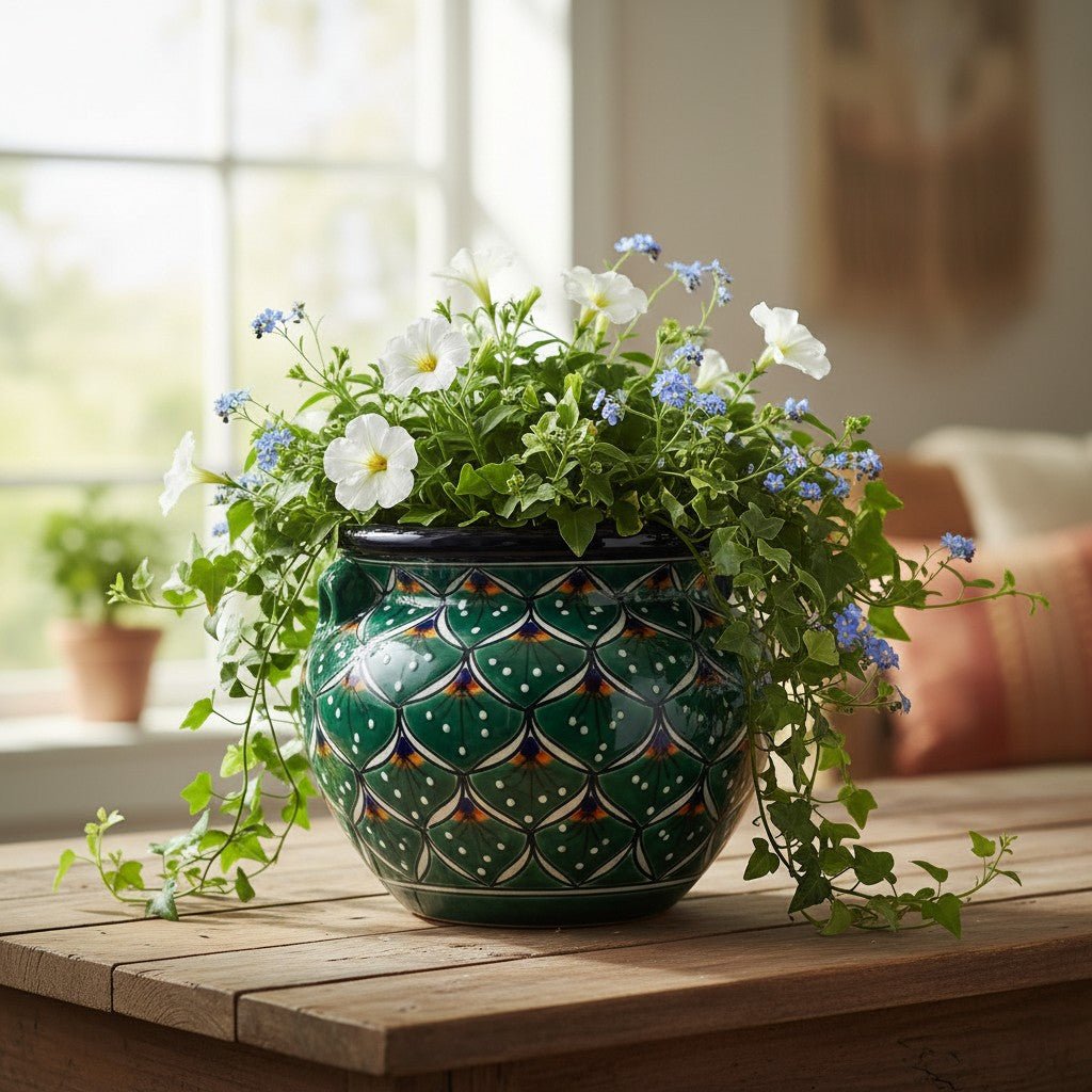 Vibrant Talavera Flower Pot | Green Peacock Design Talavera Flower Pot La Vie Bien Vibrant Talavera Flower Pot | Green Peacock Design