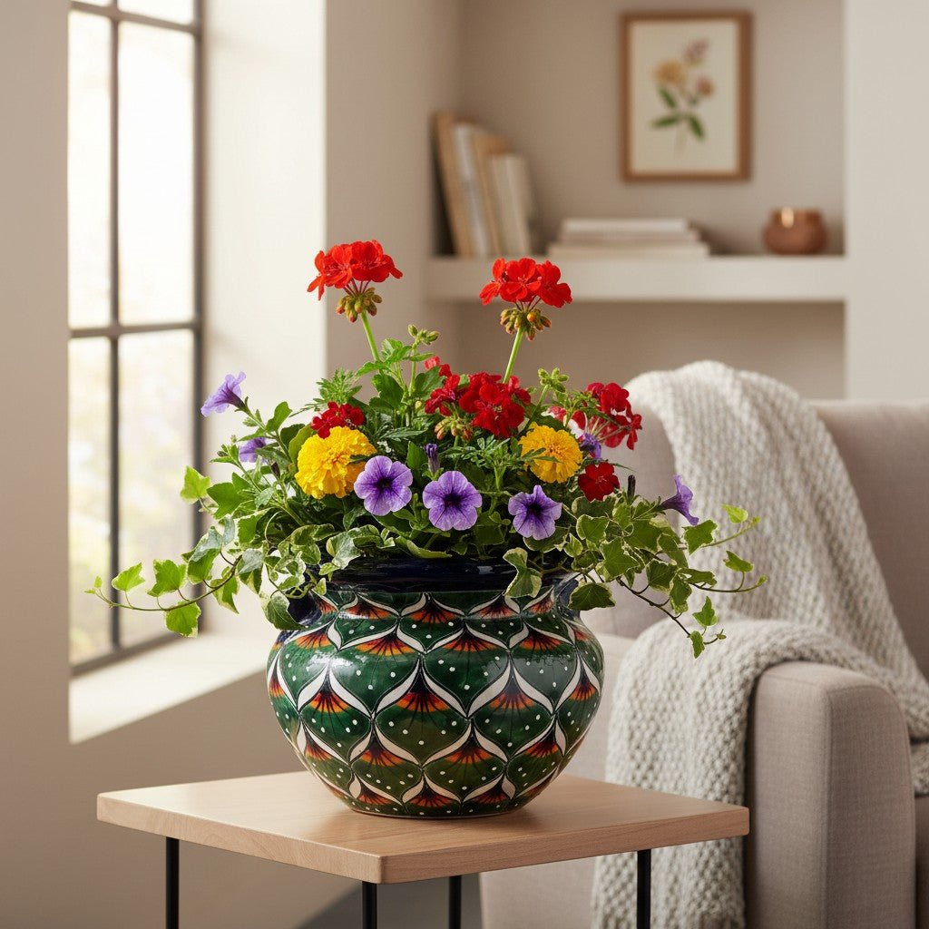 Vibrant Talavera Flower Pot | Green Peacock Design Talavera Flower Pot La Vie Bien Vibrant Talavera Flower Pot | Green Peacock Design