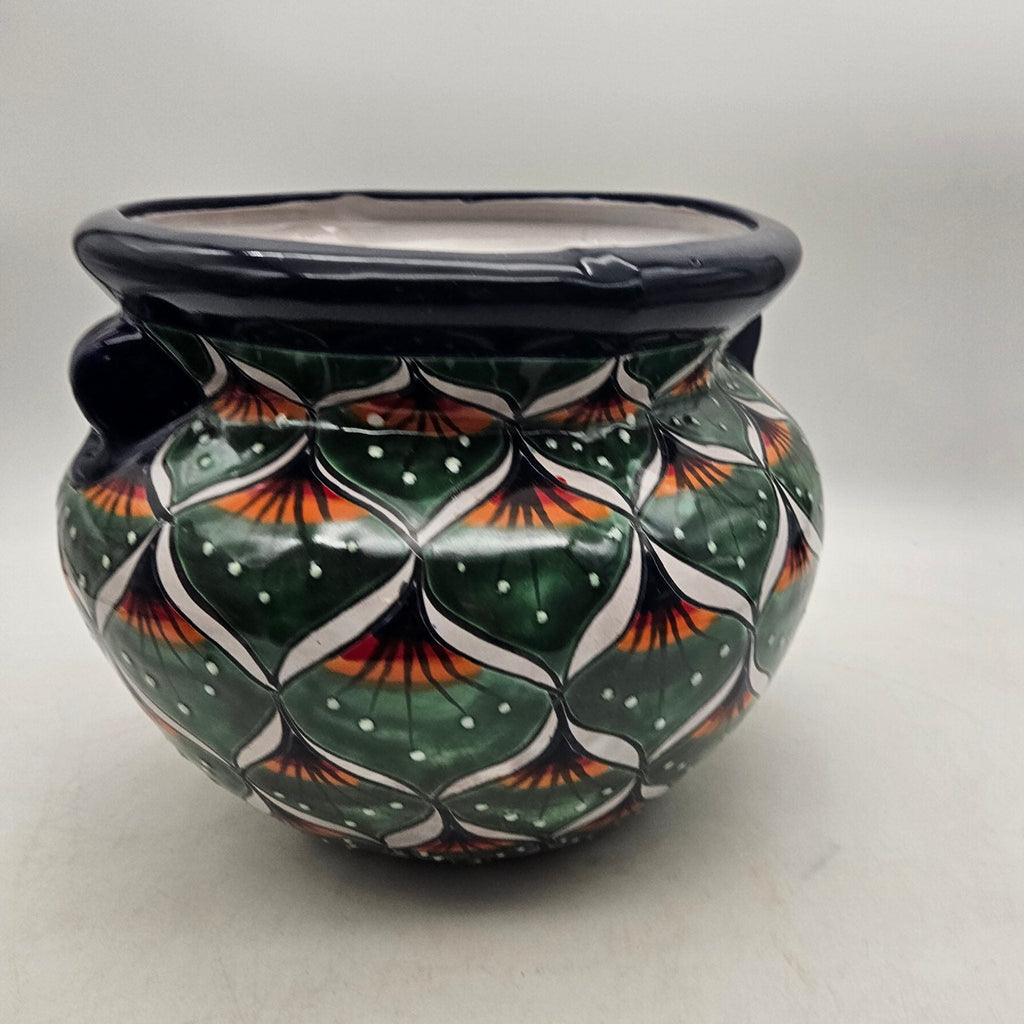 Vibrant Talavera Flower Pot | Green Peacock Design