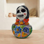 Vibrant Talavera Skeleton Woman Statue | Handcrafted Day of the Dead Decor