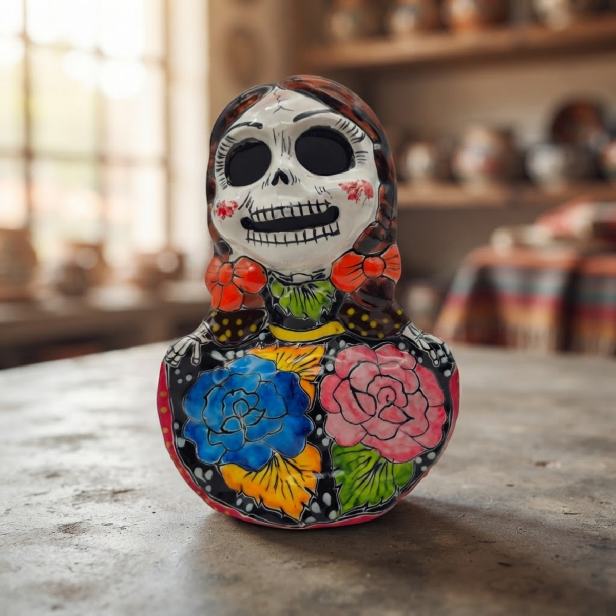 Vibrant Talavera Skeleton Woman Statue | Handcrafted Day of the Dead Decor
