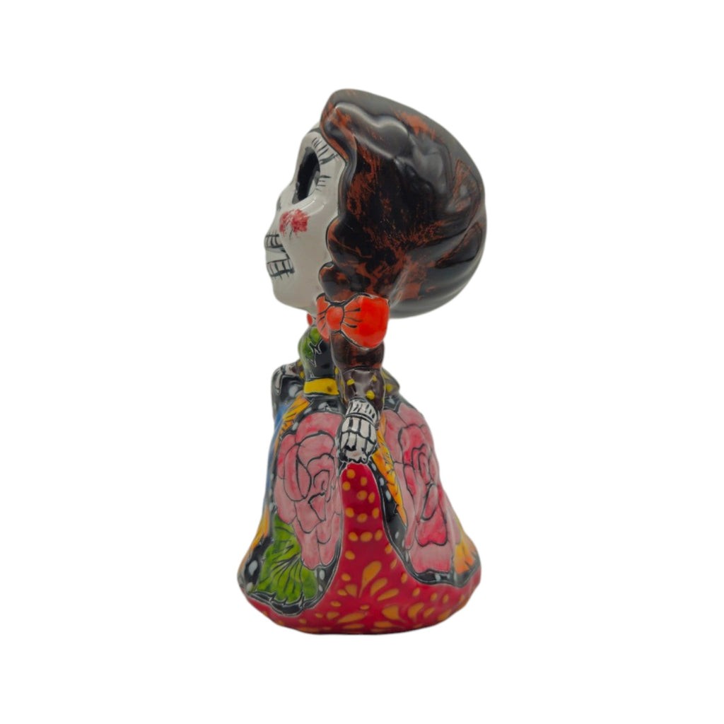 Vibrant Talavera Skeleton Woman Statue | Handcrafted Day of the Dead Decor