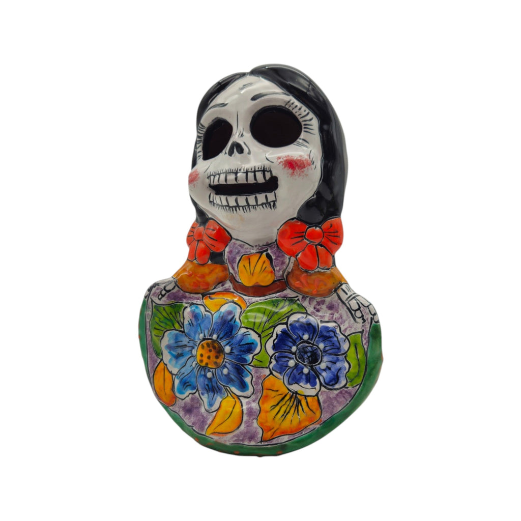 Vibrant Talavera Skeleton Woman Statue | Handcrafted Day of the Dead Decor