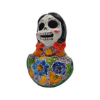 Vibrant Talavera Skeleton Woman Statue | Handcrafted Day of the Dead Decor