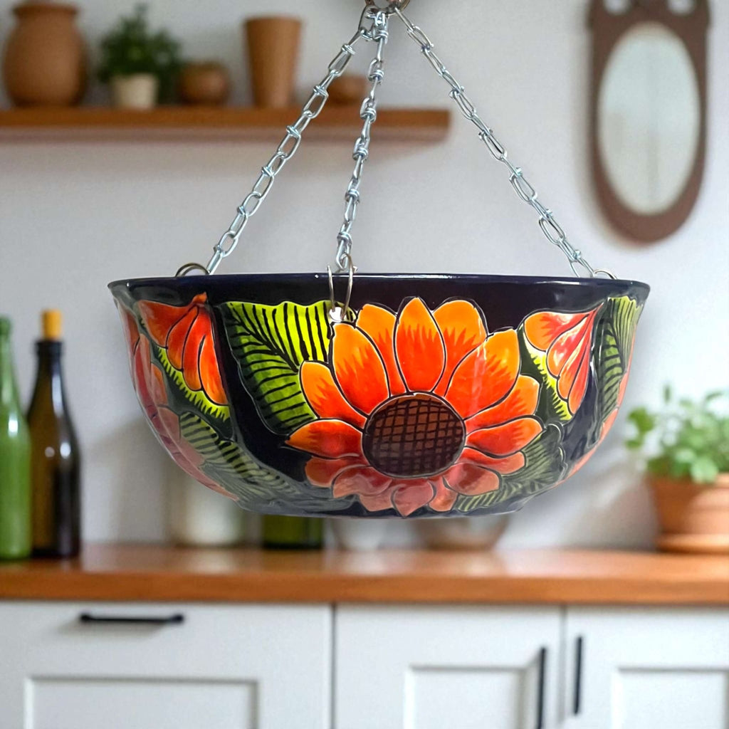 Vibrant Talavera Sunflower Hanging Planter | Artisan Pot Talavera Flower Pot La Vie Bien Vibrant Talavera Sunflower Hanging Planter | Artisan Pot