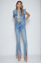 Victorian Charm Ruffle - Trim Denim Vest Jacket – Sleeveless Statement Layer - Light Denim Clothing La Vie Bien Victorian Charm Ruffle - Trim Denim Vest Jacket – Sleeveless Statement Layer - Light Denim