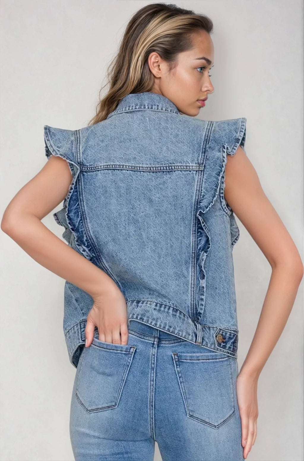 Victorian Charm Ruffle - Trim Denim Vest Jacket – Sleeveless Statement Layer - Light Denim Clothing La Vie Bien Victorian Charm Ruffle - Trim Denim Vest Jacket – Sleeveless Statement Layer - Light Denim