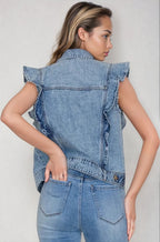 Victorian Charm Ruffle - Trim Denim Vest Jacket – Sleeveless Statement Layer - Light Denim Clothing La Vie Bien Victorian Charm Ruffle - Trim Denim Vest Jacket – Sleeveless Statement Layer - Light Denim