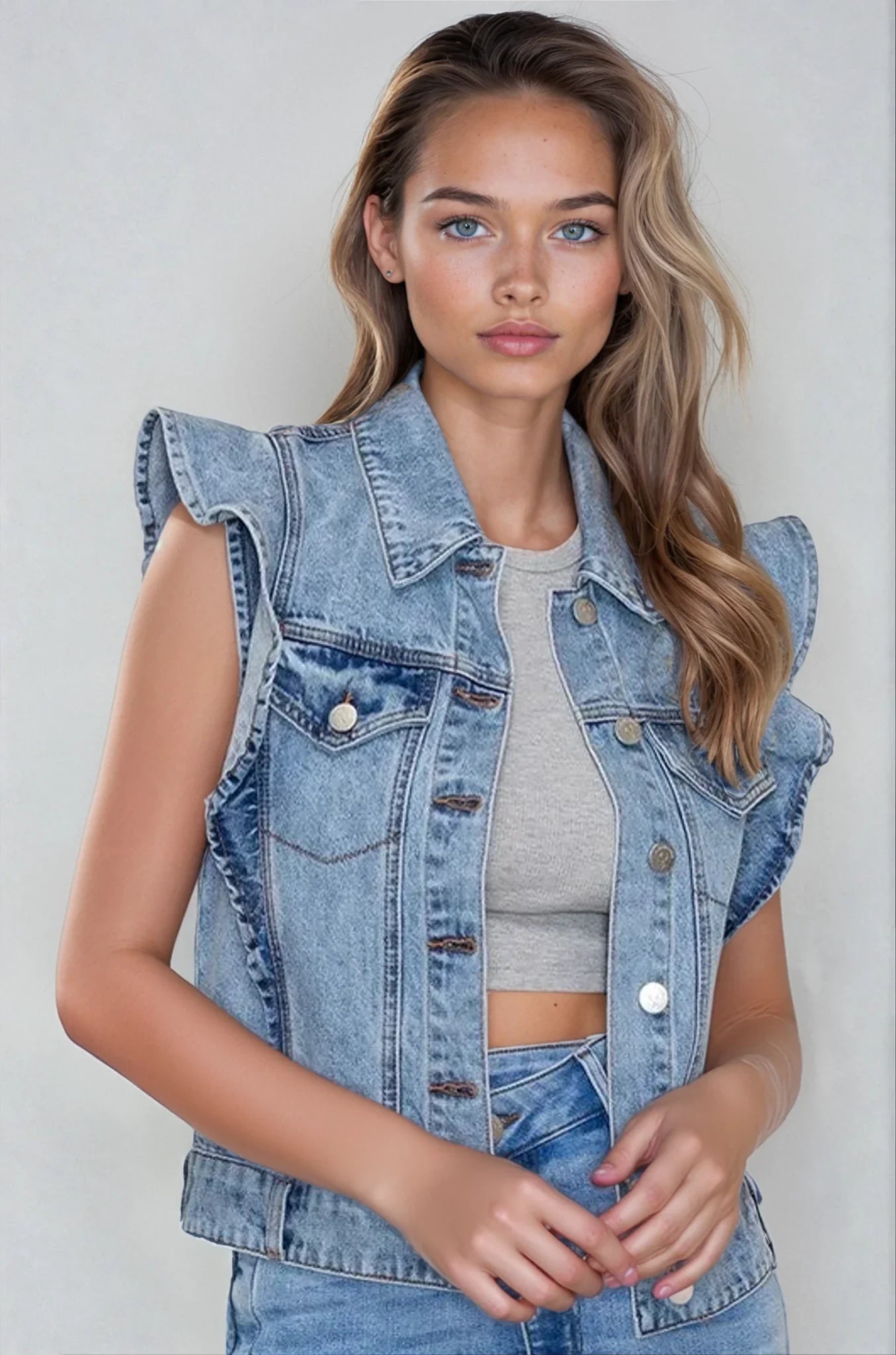 Victorian Charm Ruffle - Trim Denim Vest Jacket – Sleeveless Statement Layer - Light Denim Clothing La Vie Bien Victorian Charm Ruffle - Trim Denim Vest Jacket – Sleeveless Statement Layer - Light Denim