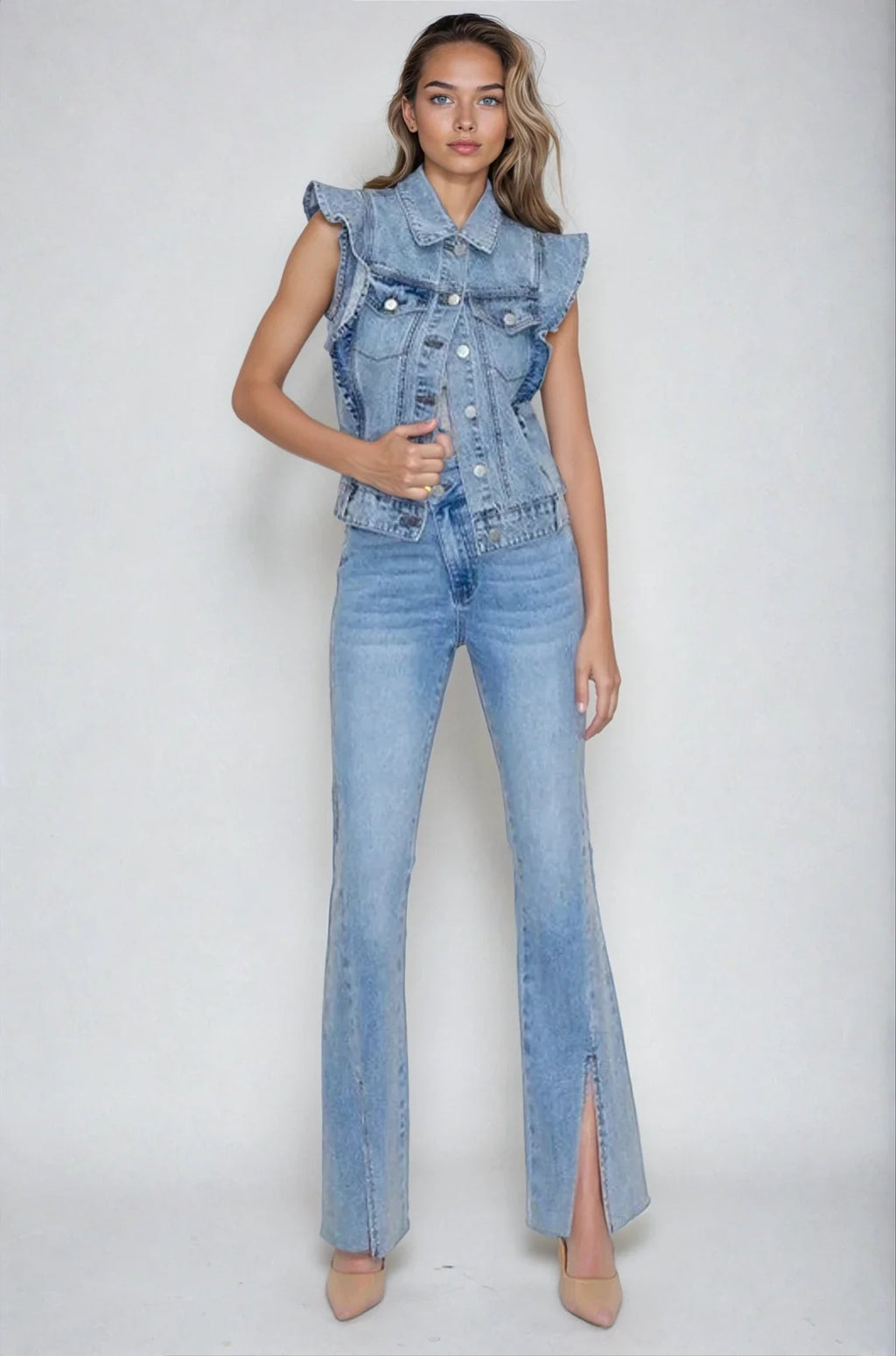 Victorian Charm Ruffle - Trim Denim Vest Jacket – Sleeveless Statement Layer - Light Denim Clothing La Vie Bien Victorian Charm Ruffle - Trim Denim Vest Jacket – Sleeveless Statement Layer - Light Denim