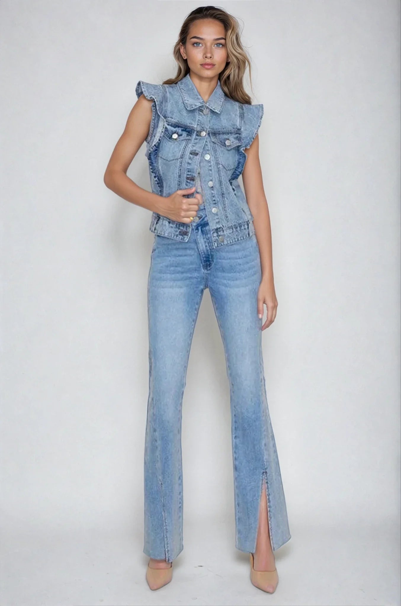 Victorian Charm Ruffle - Trim Denim Vest Jacket – Sleeveless Statement Layer - Light Denim Clothing La Vie Bien Victorian Charm Ruffle - Trim Denim Vest Jacket – Sleeveless Statement Layer - Light Denim