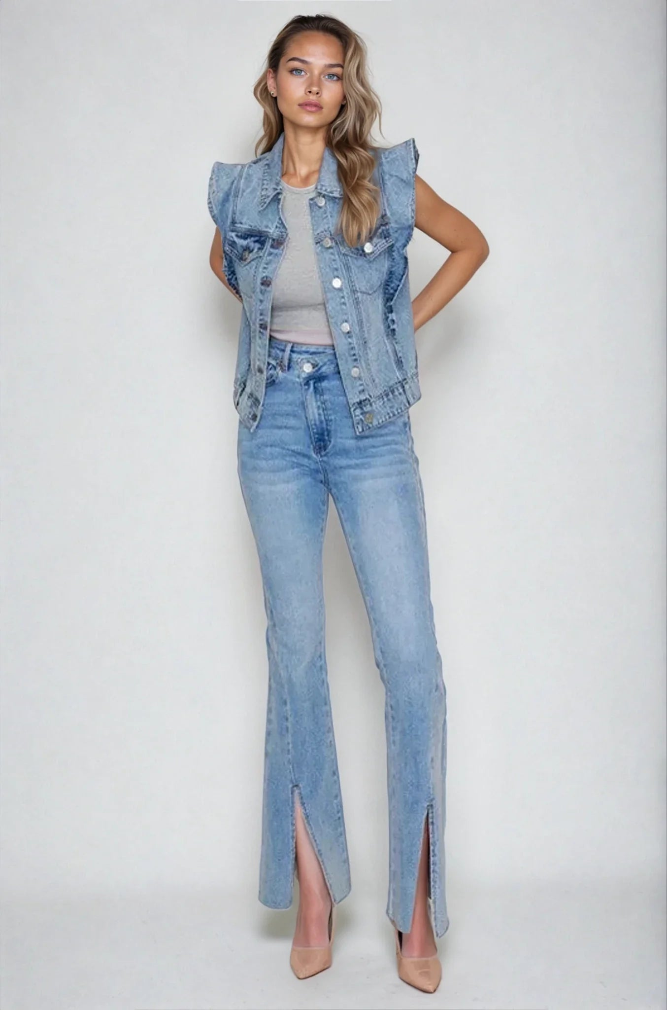 Victorian Charm Ruffle - Trim Denim Vest Jacket – Sleeveless Statement Layer - Light Denim Clothing La Vie Bien Victorian Charm Ruffle - Trim Denim Vest Jacket – Sleeveless Statement Layer - Light Denim